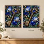 Framed and no-frame options for the Botanical Key and Blue Iris diamond painting