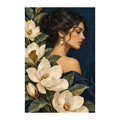 White-background original artwork of botanical woman with white flowers