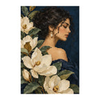 White-background finished diamond painting of botanical woman with white flowers