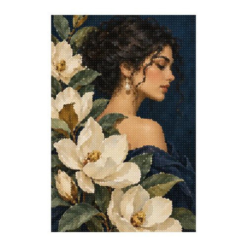 White-background finished diamond painting of botanical woman with white flowers