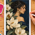 Hands placing drills on the botanical woman with white flowers diamond painting canvas