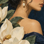 Close-up diamond detail of the botanical woman with white flowers diamond painting
