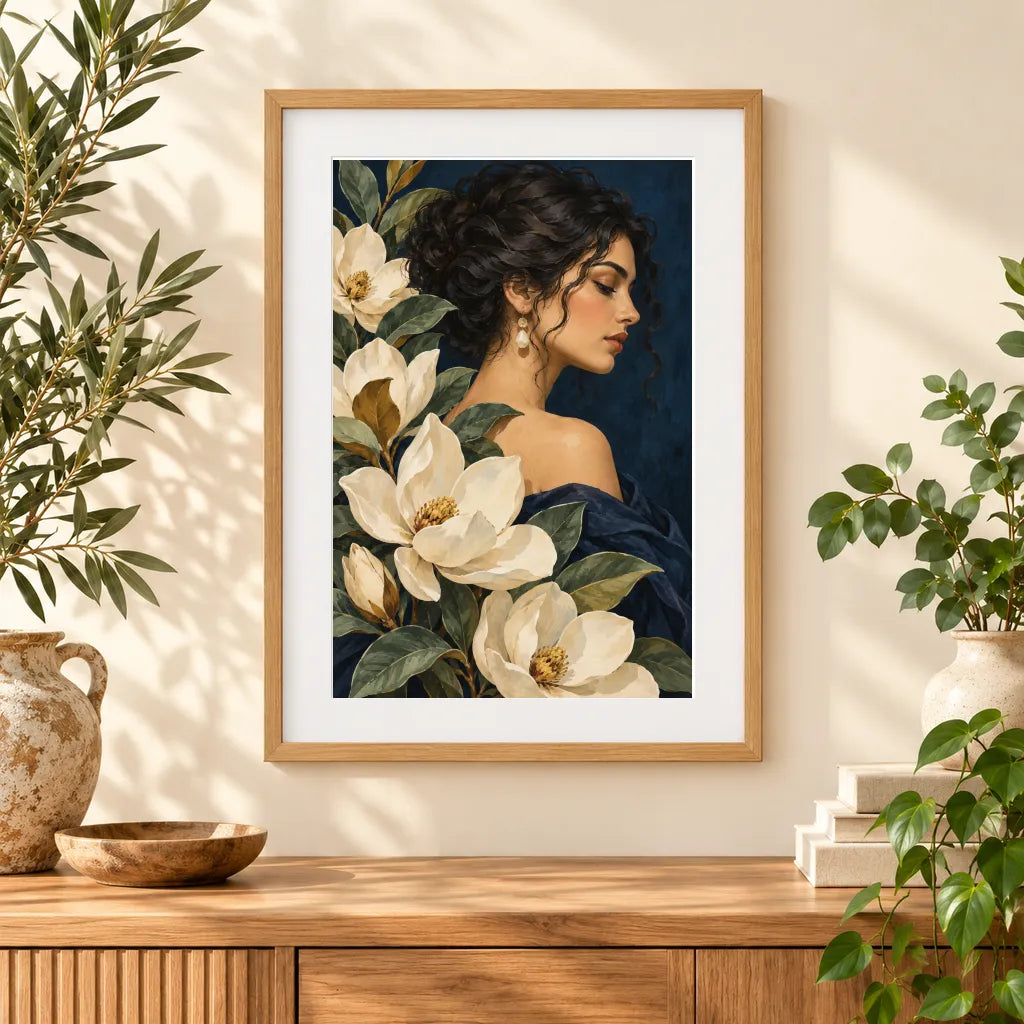Framed home display of the botanical woman with white flowers diamond painting