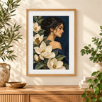 Framed home display of the botanical woman with white flowers diamond painting