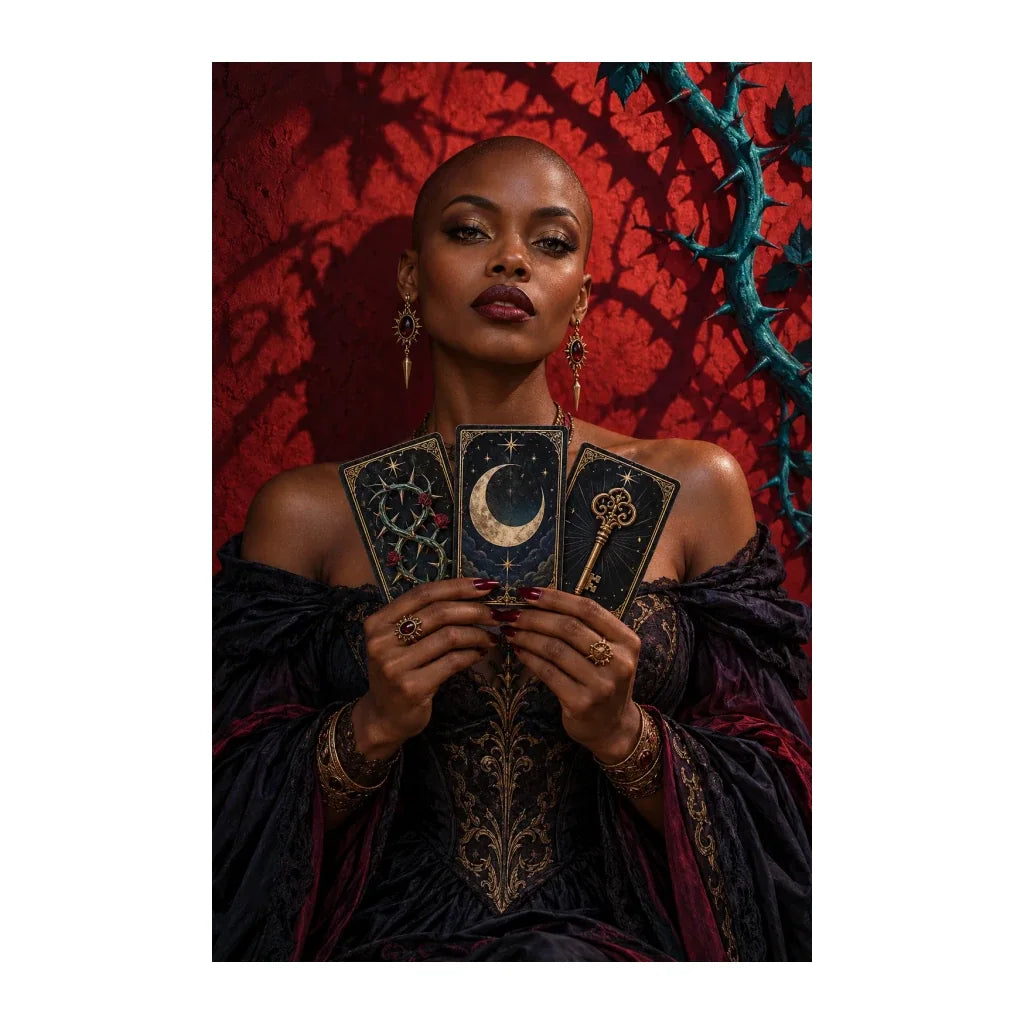 Original design of a tarot reader holding three celestial cards among red brambles.