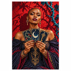 Finished diamond painting of a tarot reader with three celestial cards.