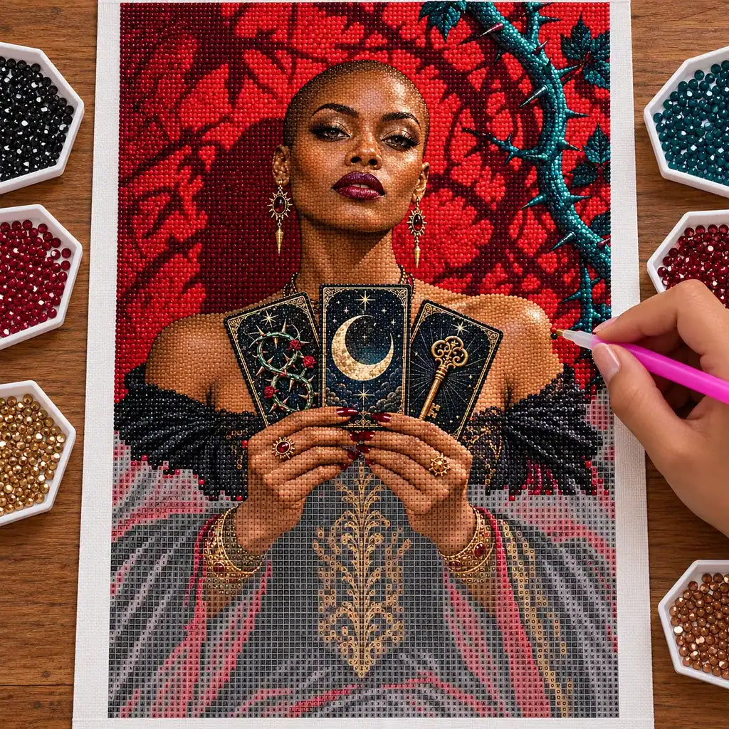 Hand placing drills on the tarot reader diamond painting canvas.