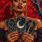 Close-up of sparkling drills across celestial tarot cards and red brambles.