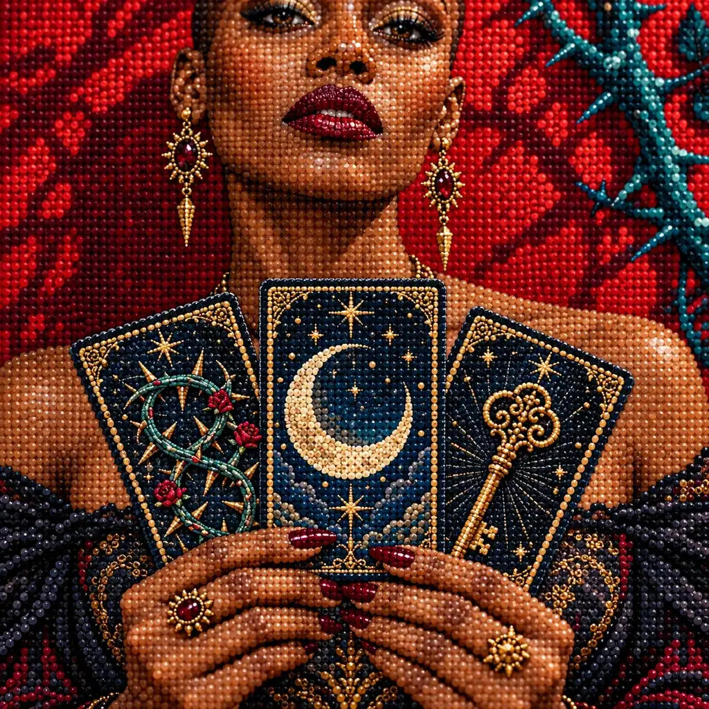 Close-up of sparkling drills across celestial tarot cards and red brambles.