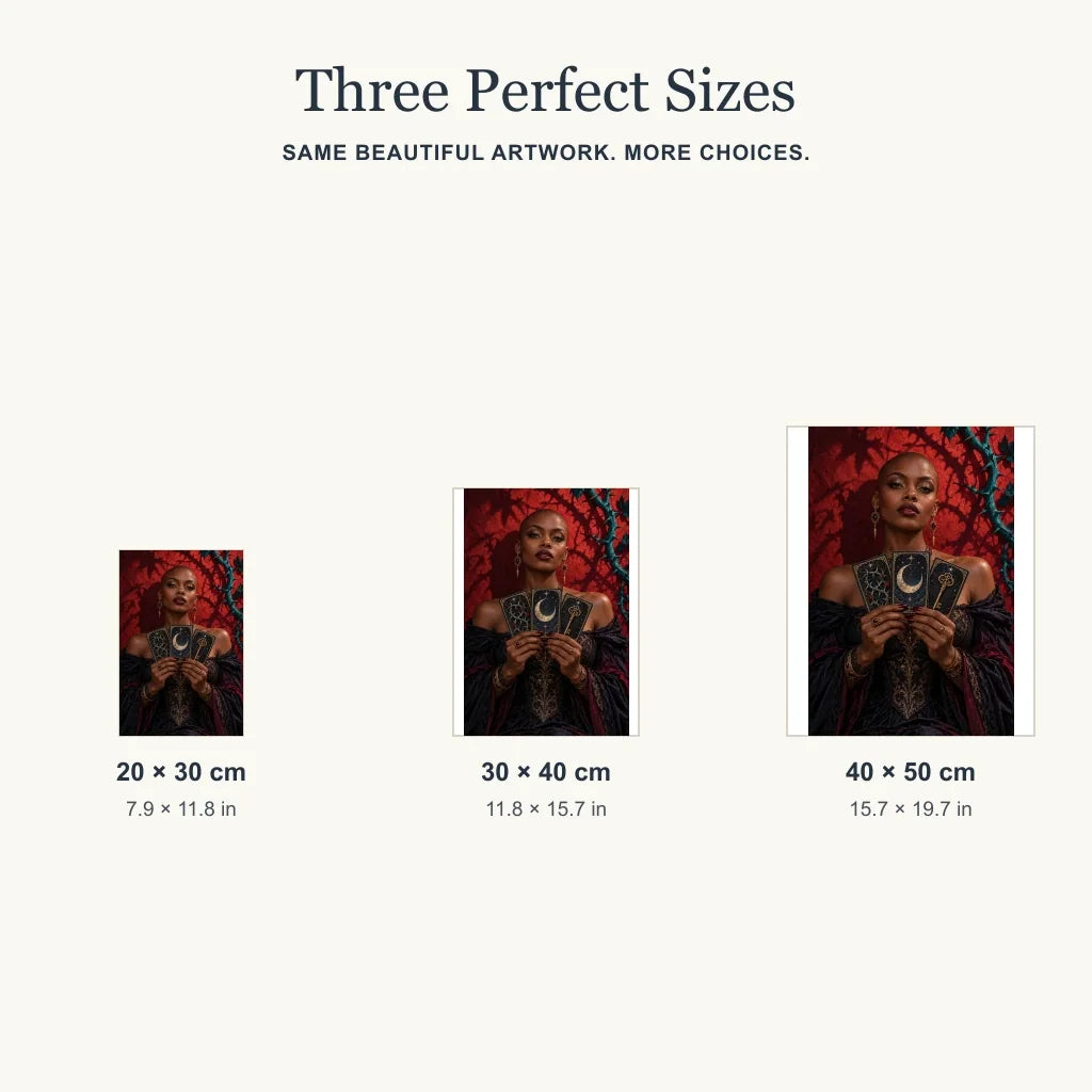 Three size options for the Bramble Tarot Reader diamond painting kit.