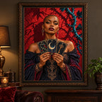 Framed Bramble Tarot Reader artwork displayed in a dark, decorated room.