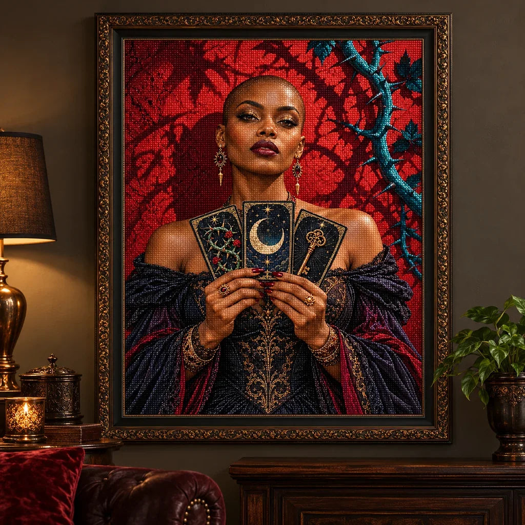 Framed Bramble Tarot Reader artwork displayed in a dark, decorated room.