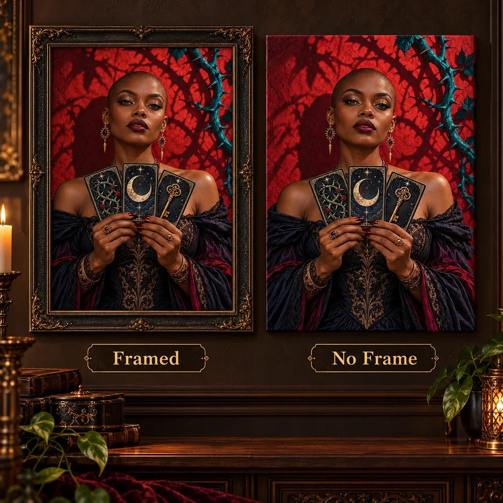 Framed and no-frame Bramble Tarot Reader designs shown side by side.