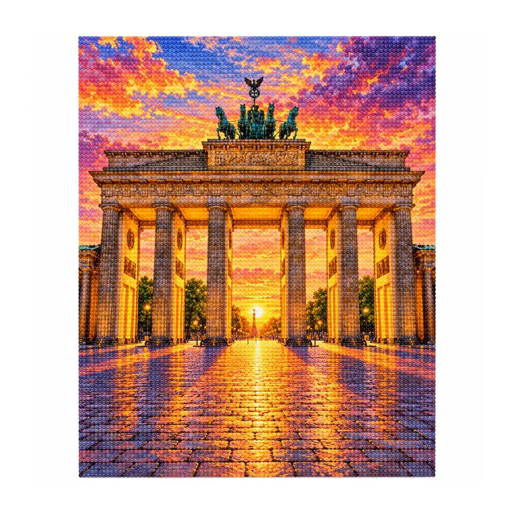 White-background finished diamond painting of Brandenburg Gate Sunset.