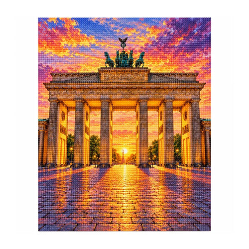 White-background finished diamond painting of Brandenburg Gate Sunset.