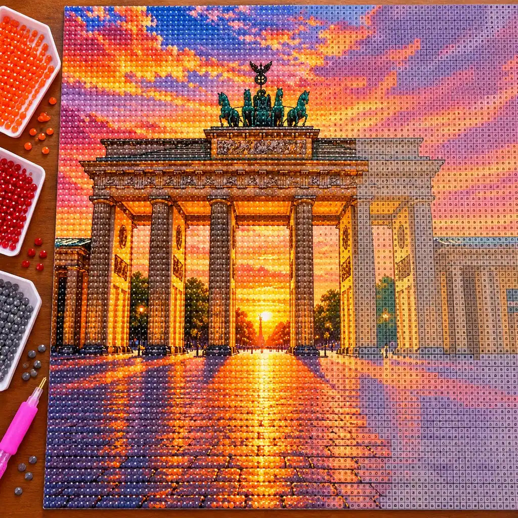 Hands placing diamond drills on the Brandenburg Gate Sunset design.