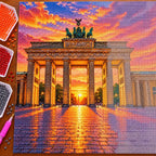 Hands placing diamond drills on the Brandenburg Gate Sunset design.