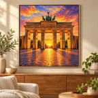 Framed Brandenburg Gate Sunset diamond painting displayed as home decor.