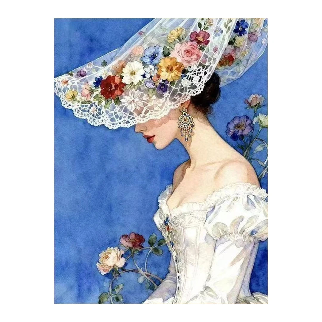 White-background original artwork of a bride in profile beneath a wide floral brim