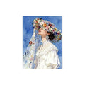 White-background original artwork of a bride looking upward beneath a colorful floral veil