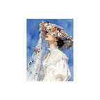 White-background original artwork of a bride looking upward beneath a colorful floral veil