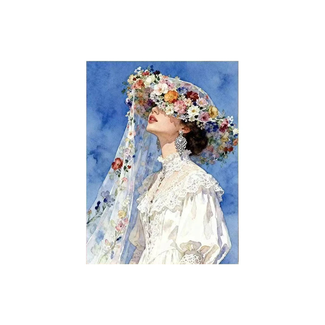 White-background original artwork of a bride looking upward beneath a colorful floral veil