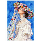 White-background diamondized artwork of a bride looking upward beneath a colorful floral veil