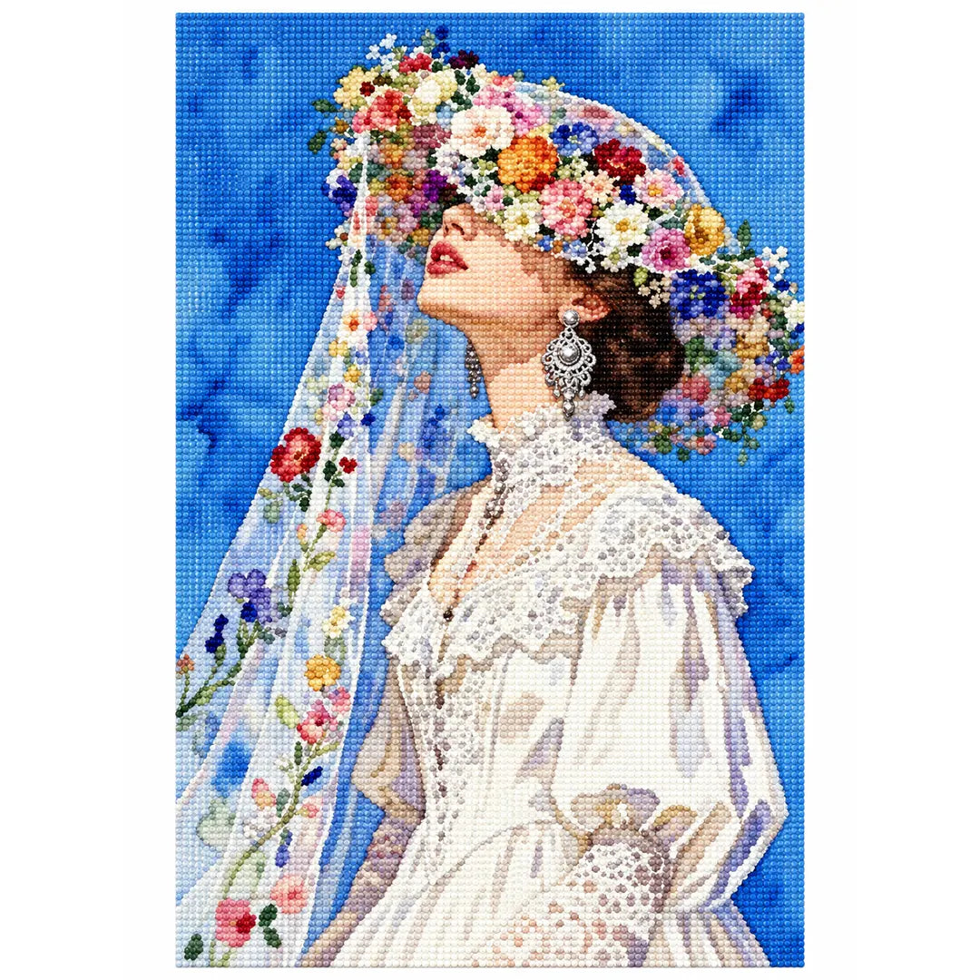 White-background diamondized artwork of a bride looking upward beneath a colorful floral veil