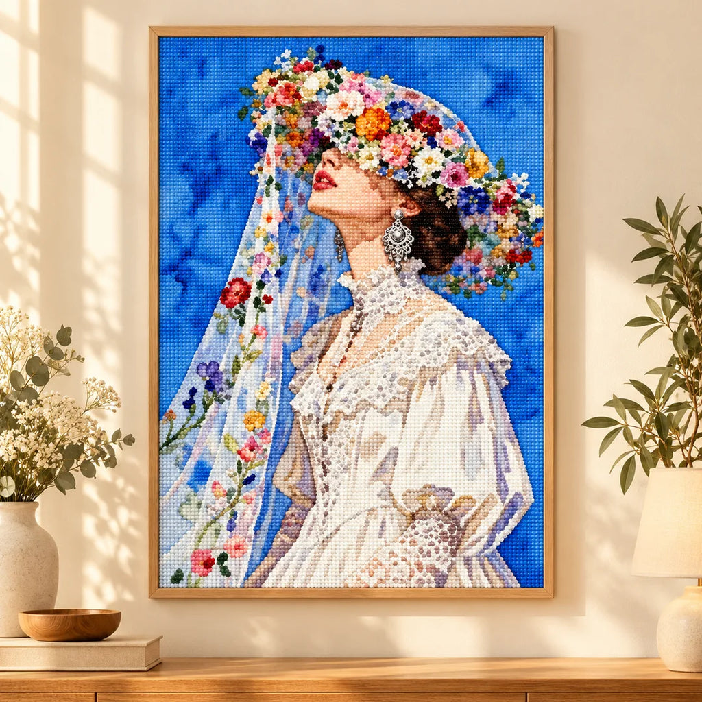 Upturned bride floral-veil diamond painting displayed as home decor
