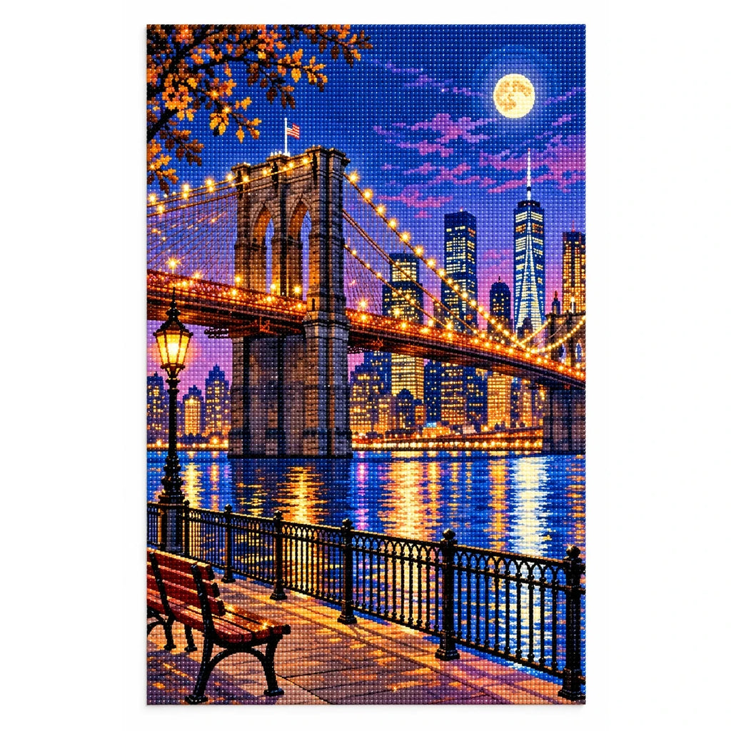 Brooklyn Bridge Moonlit Skyline finished diamond artwork on white background