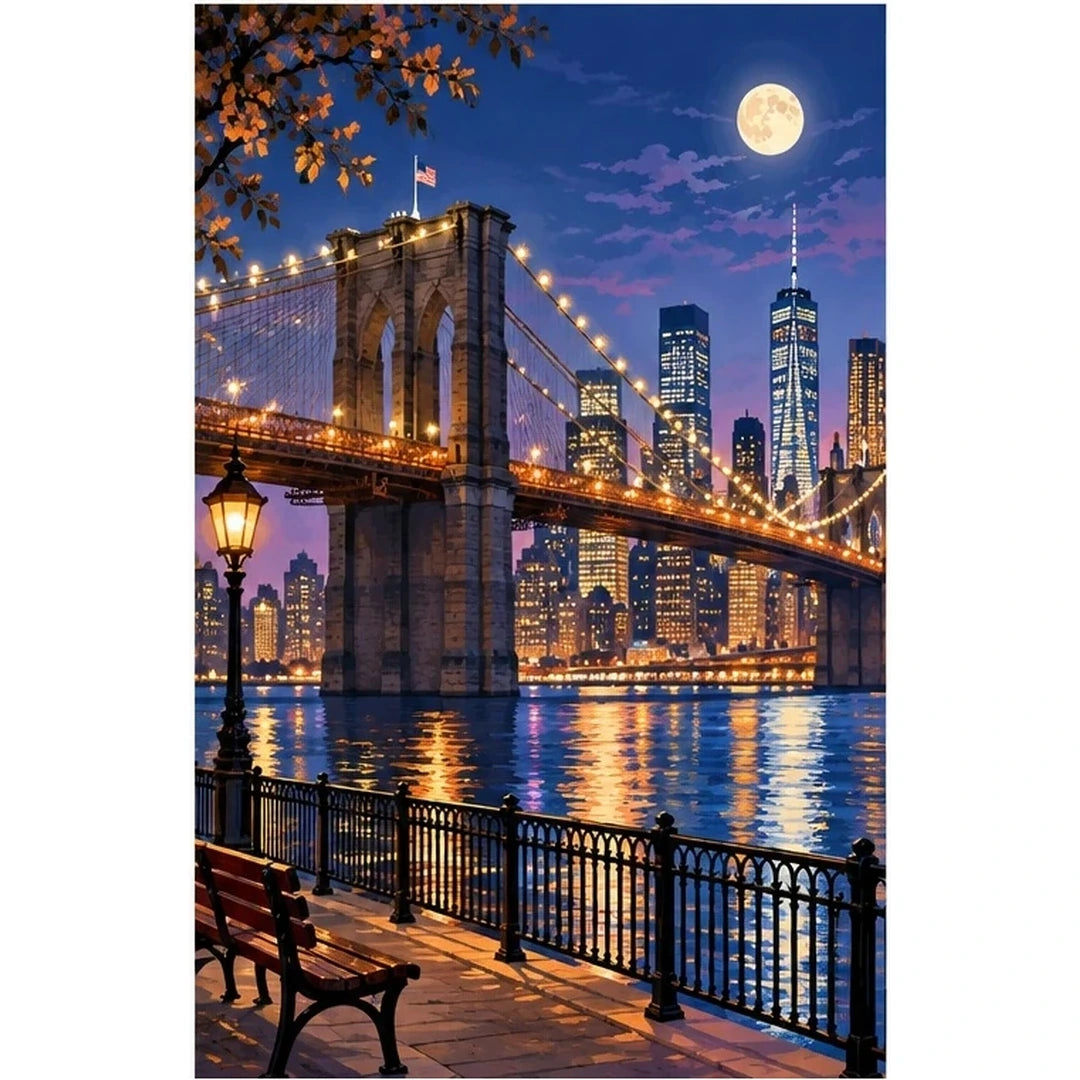 Brooklyn Bridge Moonlit Skyline original artwork on white background