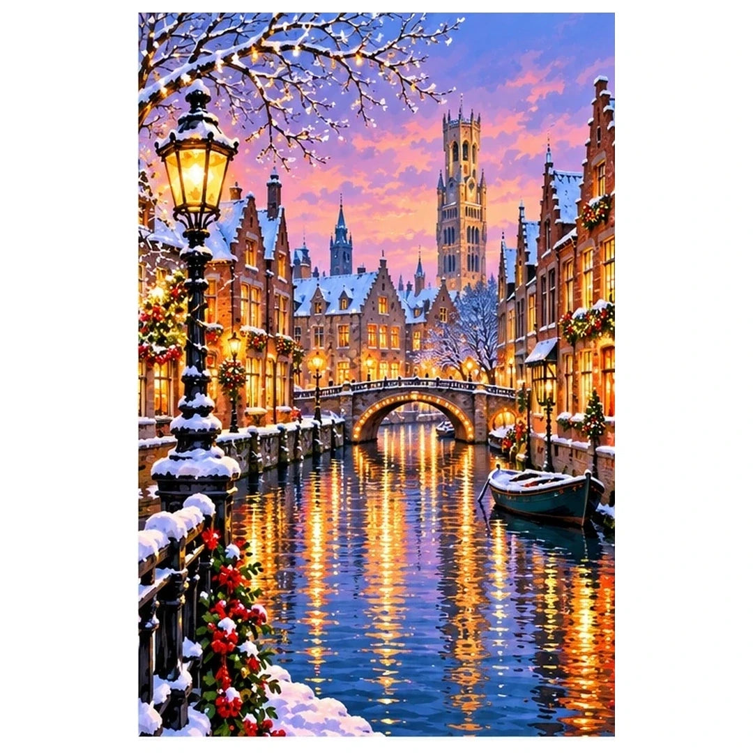 Bruges Canal Winter Lights original artwork on white