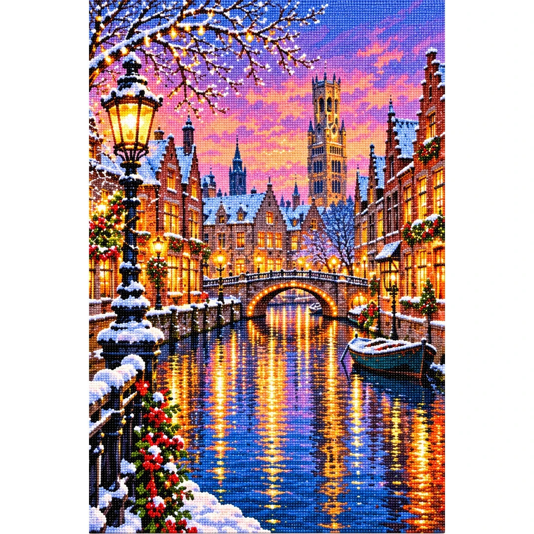 Bruges Canal Winter Lights finished diamond painting on white