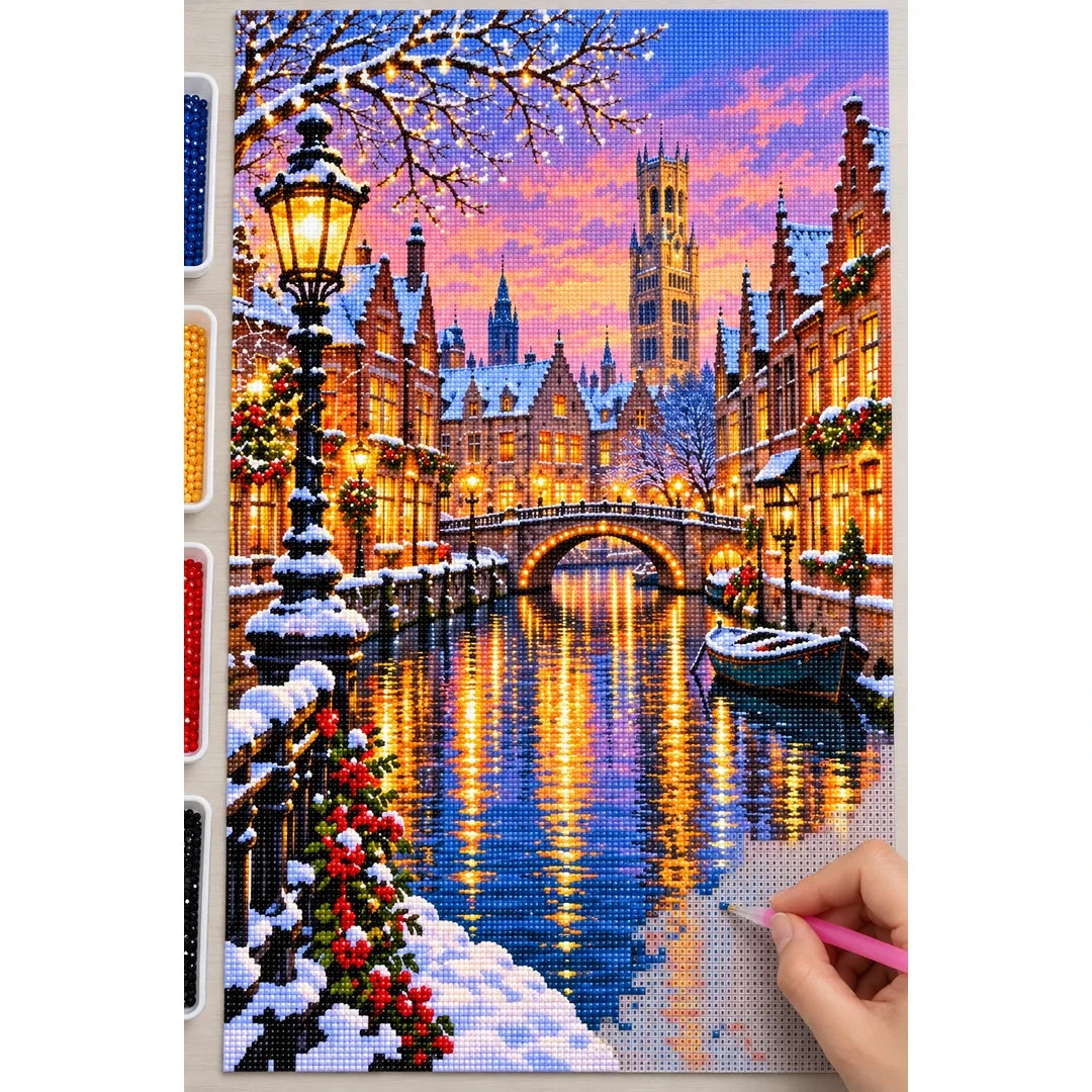 Bruges Canal Winter Lights diamond painting process
