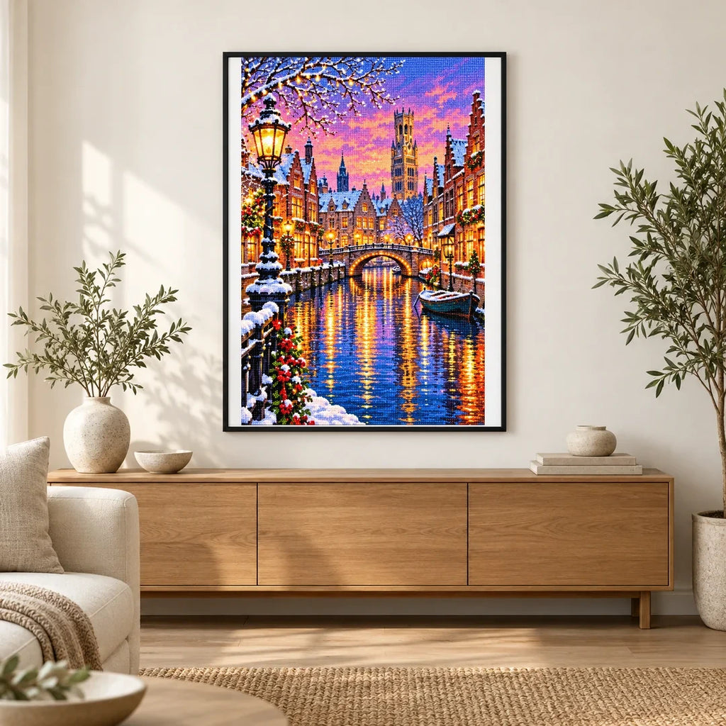 Bruges Canal Winter Lights finished artwork in home décor