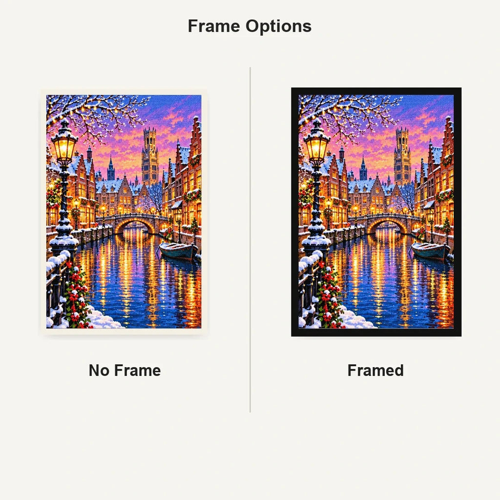 Bruges Canal Winter Lights No Frame and Framed comparison