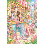 Original white-background artwork of two friends sharing bubble tea in a bright cafe
