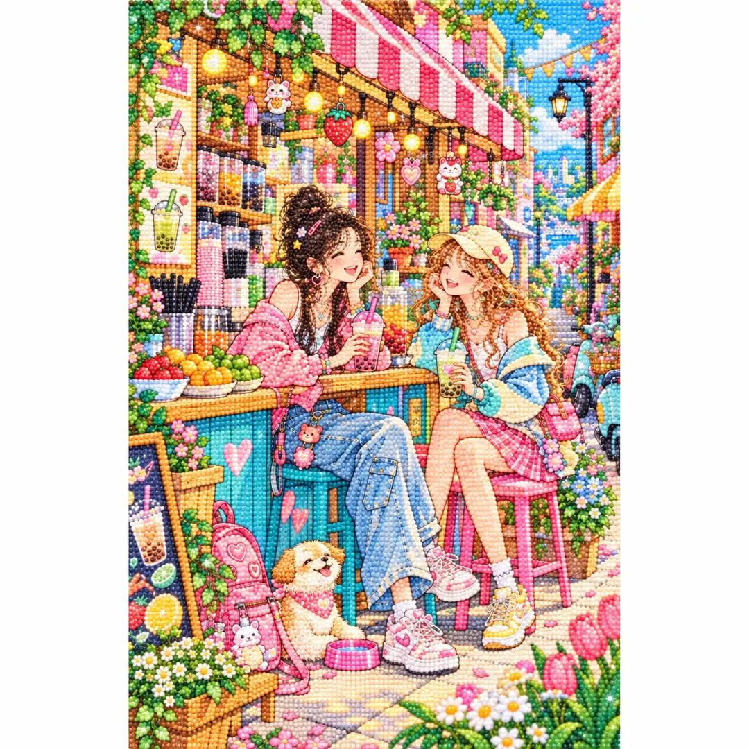 White-background diamond-painted canvas showing two friends sharing bubble tea in a bright cafe