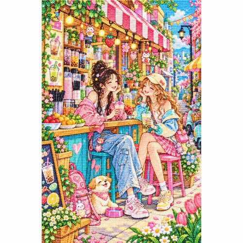 White-background diamond-painted canvas showing two friends sharing bubble tea in a bright cafe