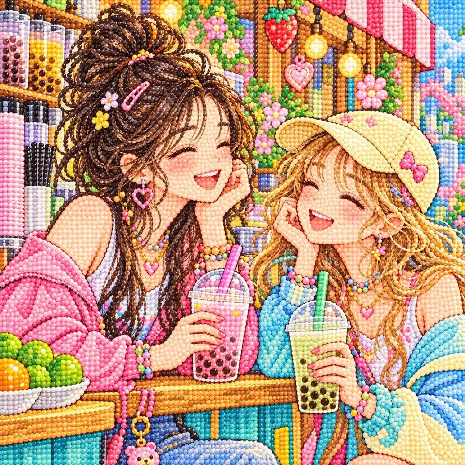 Close-up of faceted drills forming two friends sharing bubble tea in a bright cafe