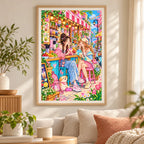 Framed diamond painting of two friends sharing bubble tea in a bright cafe displayed in a home interior