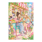 Original white-background artwork of two friends sharing bubble tea in a bright cafe