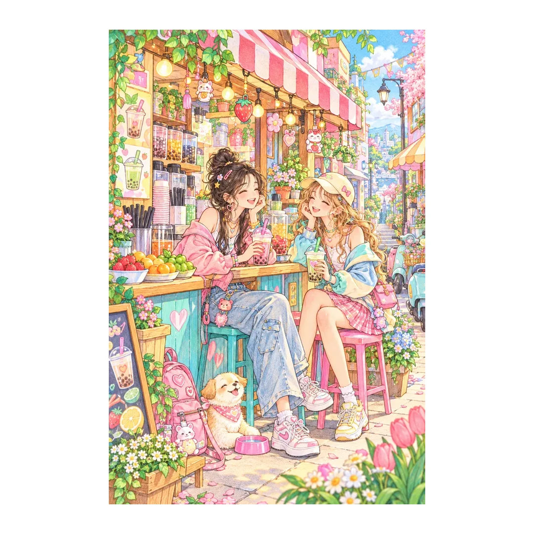 Original white-background artwork of two friends sharing bubble tea in a bright cafe