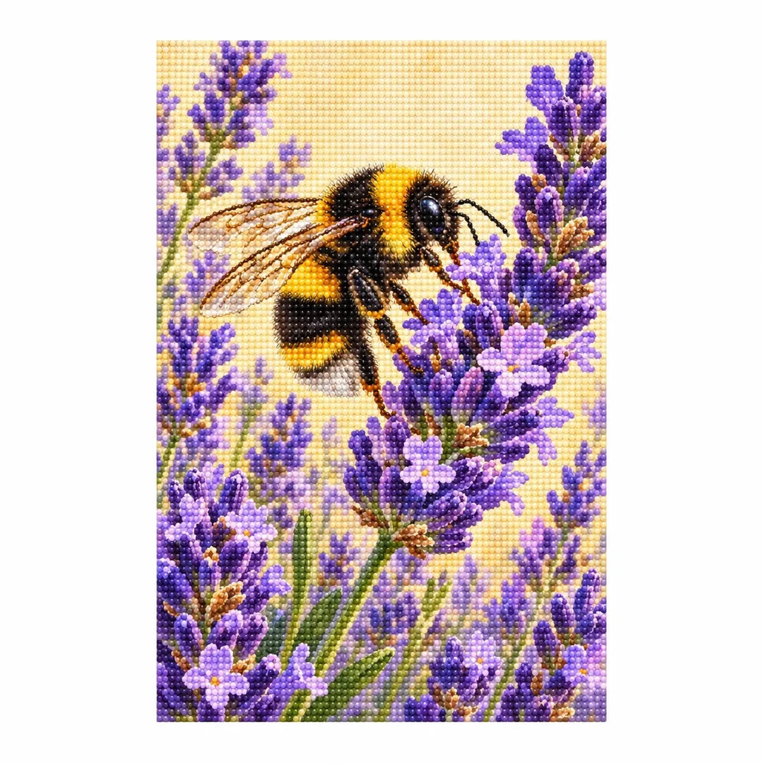 White-background finished diamond painting of a bumblebee on lavender flowers