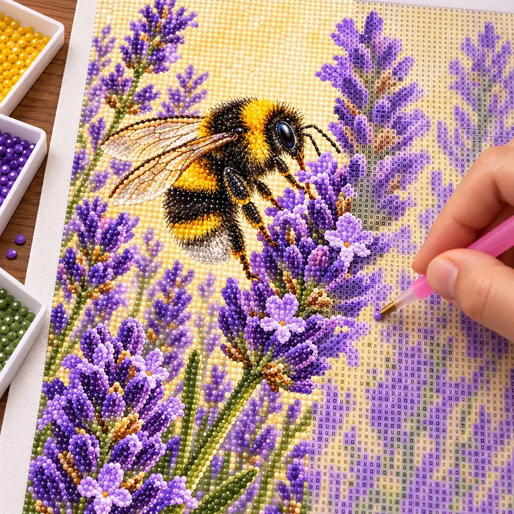 Hands placing drills on the bumblebee lavender diamond painting