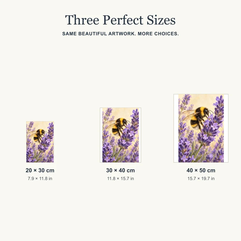Bee and lavender diamond painting in 20 by 30, 30 by 40, and 40 by 50 cm sizes
