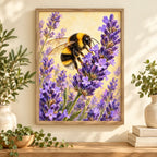 Bee and lavender diamond painting displayed in a framed home setting