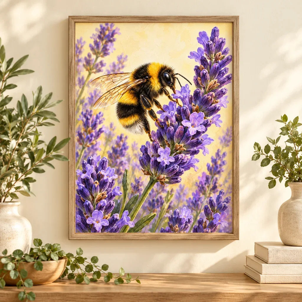 Bee and lavender diamond painting displayed in a framed home setting