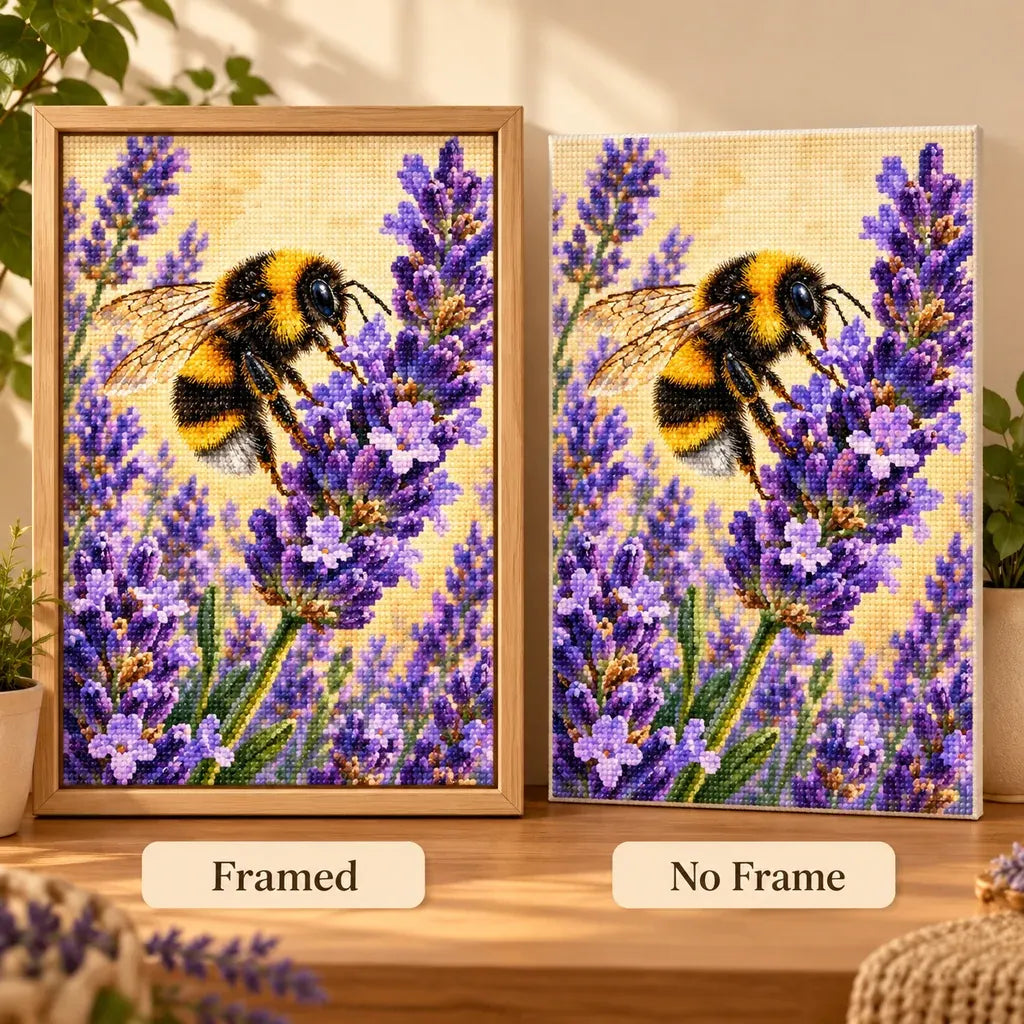 Framed and no-frame options for the bee lavender diamond painting