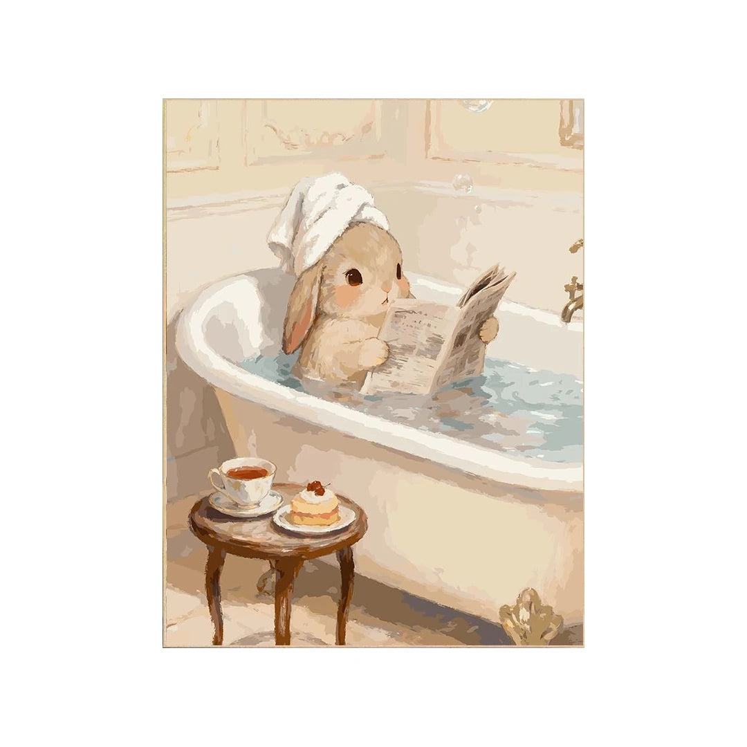 White-background original artwork of a bunny reading in a bathtub with a towel turban